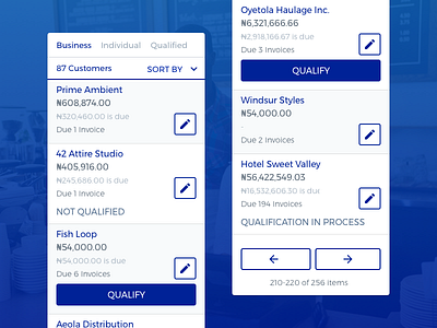 Invoicing App - Clients list app client customer edit label list mobile qualify sort state tabs ui