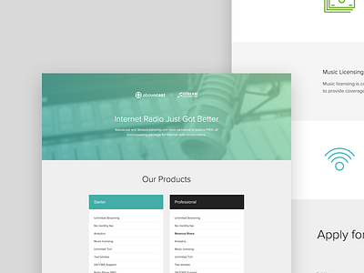 Abovecast/Stream Licensing Landing Page blue clean green minimal simple