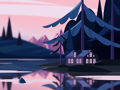 Evening landscape evening forest house illustration lake vector