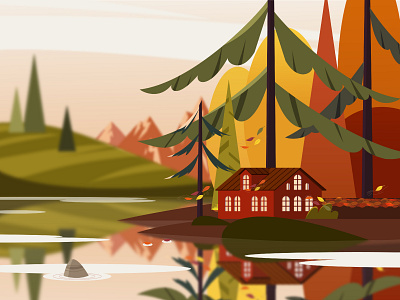 Autumn landscape autumn forest house illustration lake landscape vector