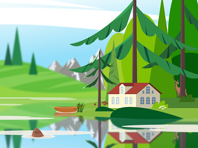 Summer day forest house illustration lake landscape summer vector