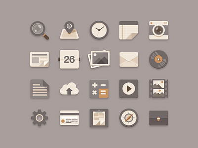 Flat Icons Brownie Theme brown calculator calendar camera card checkin clock compass document file flat flat icon free freebie icon mail minimal music newspaper note photo play psd search setting song sunbzy upload vdo zen