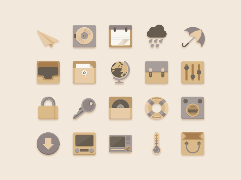 Flat Icons Vanilla Choc Chip Theme thermometer rocket paper record platter umbrella paperbag earth bag rain muji vanilla gray cream