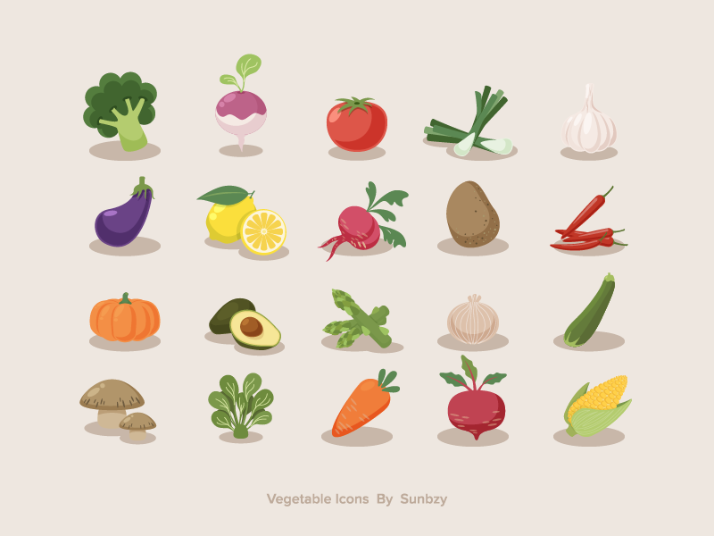 Vegetable Icons sunbzy zucchini turnip corn broccoli spinach tomato avocado fruit food healthy vegetable