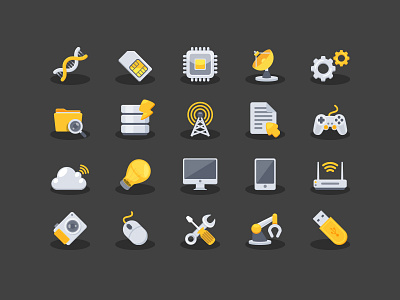 Yellow Techno Icons cloud dna folder icon light power radar setting technology wi fi wireless yellow