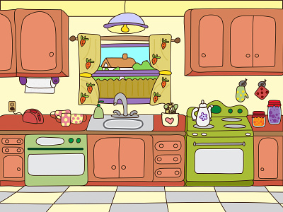 A cozy kitchen 2d illustration cartoon kitchen comic cozy home cozy kitchen cute illustration sweet home
