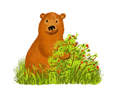 bear in a bush bear brown bush character design eating green orange raspberry smile