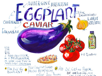 Illustrated Recipe: Eggplant Caviar caviar cooking culinary editorial education eggplant illustrated olive oil onion purple recipe spread tomatoes