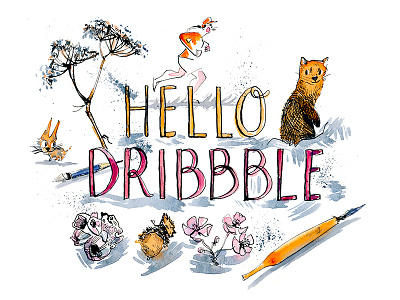 Hello Dribbble! acorn animals botanical cat character flower ink and pen marten pen runner spatter watercolor