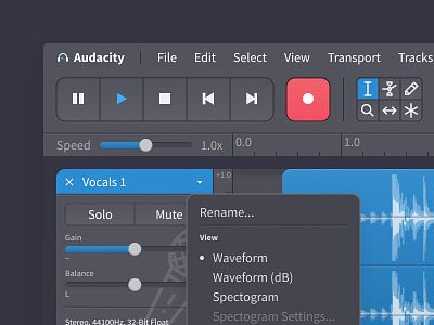 Audacity Redesign - Dark Theme Detail audacity audio audio editor figma opensource redesign ui design
