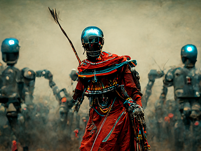 Maasai Warrior Fighting A Robot Army africa afro ai arusha futuristic maasai midjourney tanzania warrior