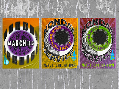 Monday Service Gig Poster Concepts.jpg eye gig poster green orange poster design psychedelic purple tear teardropmusiclive musicposter trippy