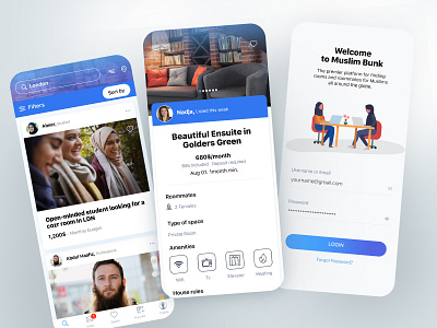 MuslimBunk - Rooms & Roommates Finder For Muslims app design ui