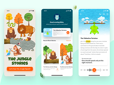 The Jungle Stories appdesign application colors concept design forchildren interactiveapp kids listentostories storybooks uidesign uiux
