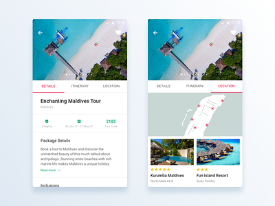 Private Holidays Android App android design flat map mobile package tabs travel ui ux white