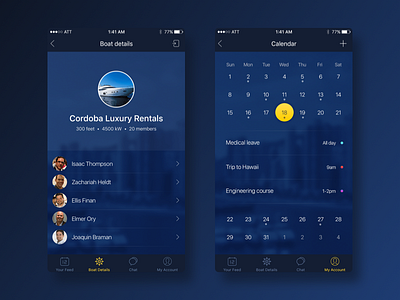 Oceanic iOS App | Luxury Rentals app blue boat calendar design ios mobile rentals ui users list