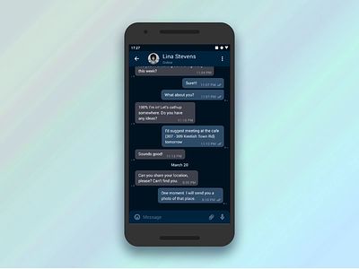 Messenger Redesign Dark Blue Mode v.2 android android app animation chat chat app chat box chat bubble conversation design file sharing interaction messenger app mobile principle ui ux