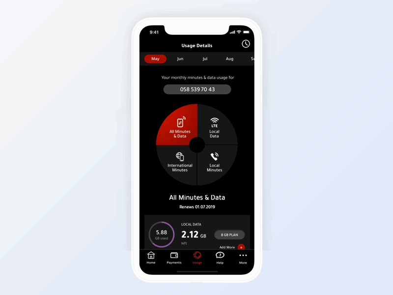 Data Usage Dashboard animation design circular concept dashboard app dashboard design dashboard ui data data visualization filters interaction ios ios app mobile principle progress bar progressbar ui uidesign uiux usage