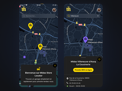 Midas Store Locator • App black car dark mode date design french app garage lille locator map midas mobile modal stack proposal tymate yellow