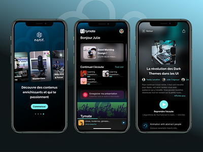 Natif • Audio App app audio black blue dark theme design entreprise firm ios learning listen masterclass natif player podcast record