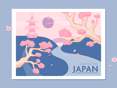 Greetings from Japan blossom tree cherry blossom dribbbleweeklywarmup dusk holiday illustration japan landscape location outline postcard river sunset vacation vector