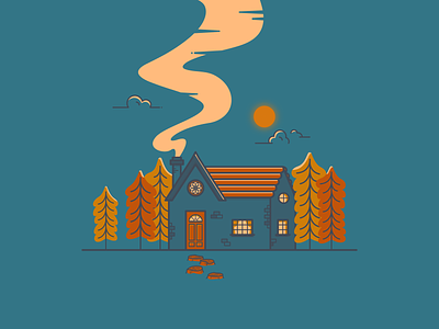 Cosy Cabin building cabin chimney cosy cozy flat design forest hut hygge illustration isolation outline pathway smoke stay home trees vector warm windows woods