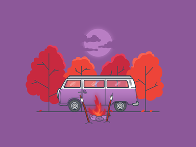 Cute Camper camper van campfire camping evening flat design forest hygge illustration isolation marshmallows moonlight nature outdoors roasting stay home trees vector volkswagen vw