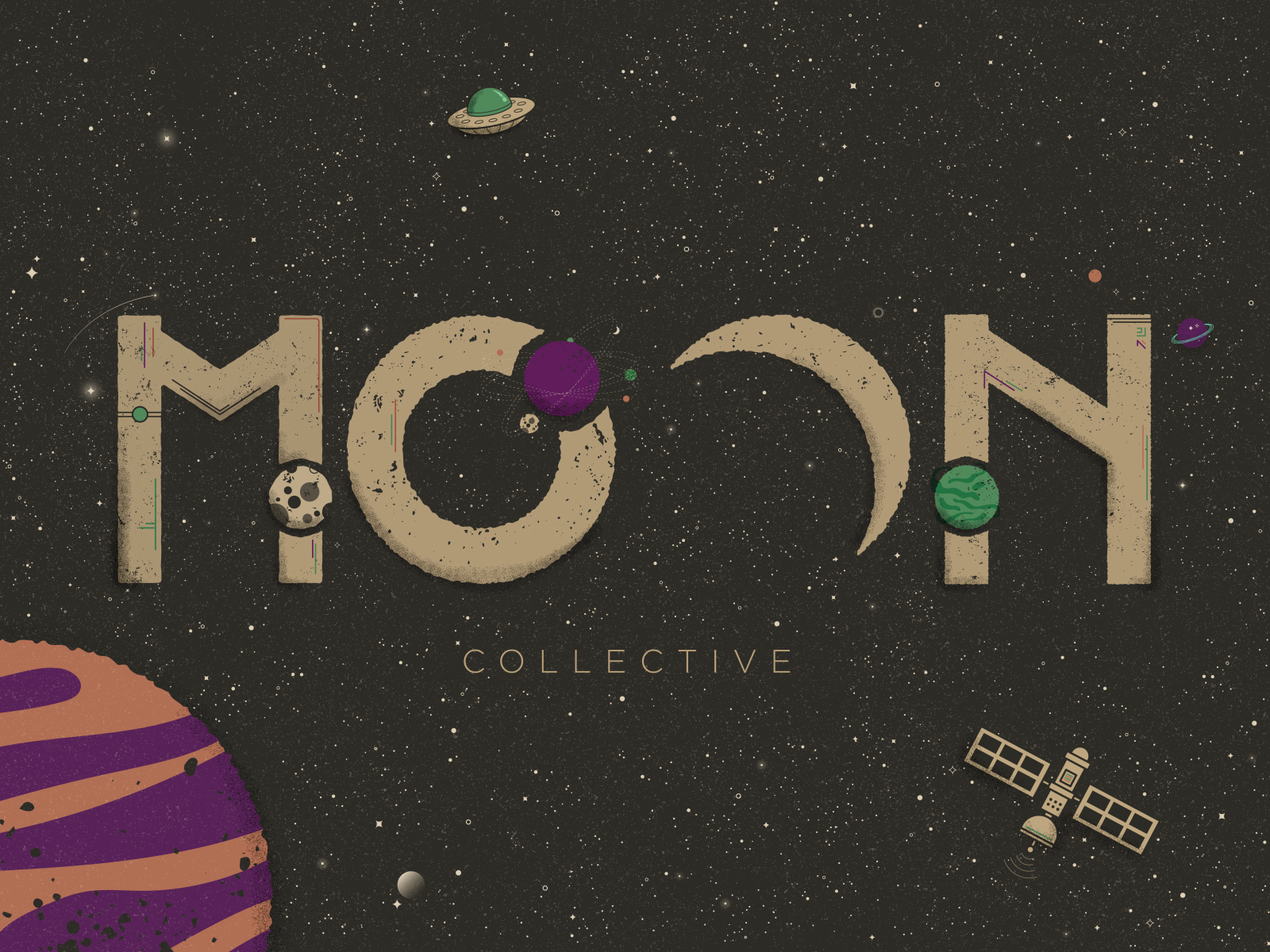 Moon Collective 36 days of type dribbbleweeklywarmup galaxy illustration moon negative space outline planets satellite space stars vector
