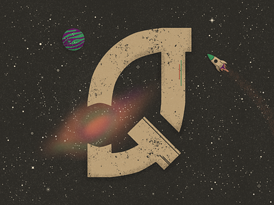 Q for Quasar - 36 Days of Type 36 days of type challenge distressed galaxy grainy illustration lettering minimal quasar rocket solar system space stars texture truegrittexturesupply typography vector