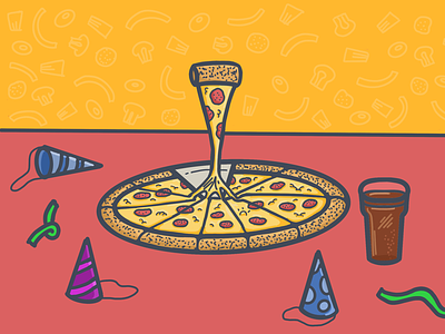 A pizza work celebration drawing glass of coke line illustration melted cheese outline party hats pepperoni pizza party procreate vector vector art