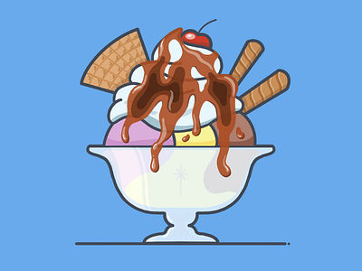 Aw, fudge chocolate sauce dessert diner flat ice cream illustration minimal strawberry sundae vanilla vector wafer