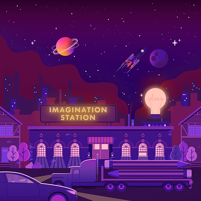 Imagination Station creativity grain illustration imagination inspiration lighting pencil planets rocket space stars texture vector windows