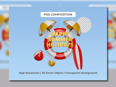 3d render of happy summer holidays with beach summer concept journey