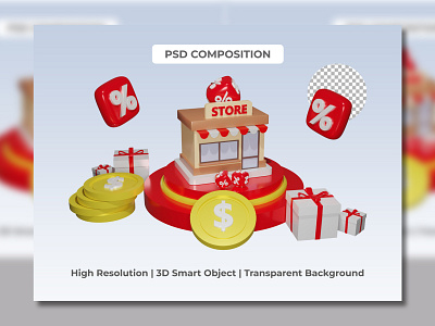 3d render of store in podium with discount, gold coin stage