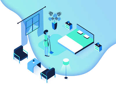 Isometric Housekeeping Illustration 3d bed chair colorful flower girl hotel hotels housekeeping illustration isometric management mobile room startup tablet technology website