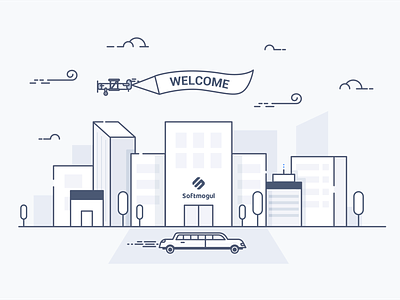 Welcome Email Illustration Dribbble buildings city clouds email hotel illustration limousine lined plane skyline website welcome email