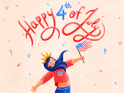 Happy 4th Of July america american flag blue blue and white confetti event fireworks flag fourth of july fun girl illustration independence day red social social media statue of liberty typography usa website illustration