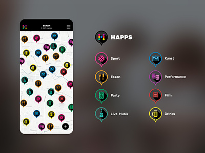 happs app icons, logo & app screen app icon icondesign icons iconset illustration interactive interface logo map marker mobile screendesign ui
