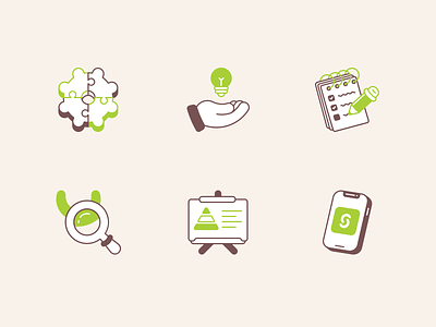 NGO Icons brand app coaching phone mobile design graphic web gear puzzle project hand lightbulb assistance icon icons set illustration illustrations magnifier loop lens notepad notebook pencil outline stroke line smile presentation board