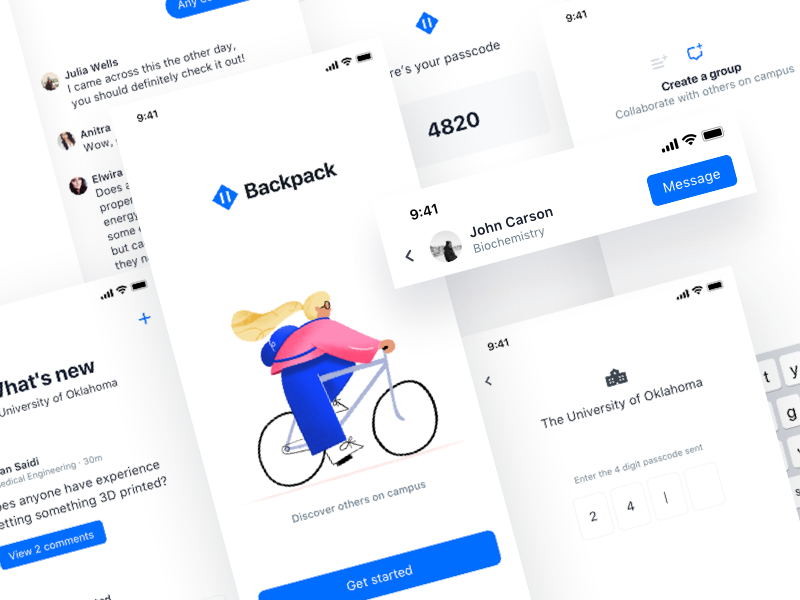 Backpack sign up illustration profile card input authenticate onboarding messages chat feed mobile