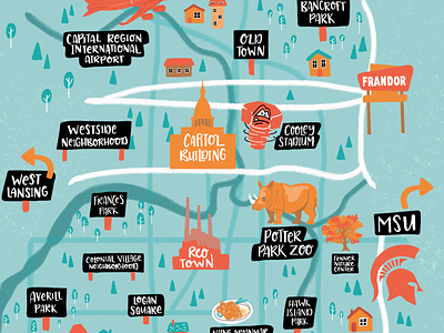 Illustrated Map - Lansing Michigan crop houses icons lansing maps michigan neighborhood zoo