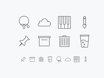 Random icons box brush cloud cup icon outline piano pin trash