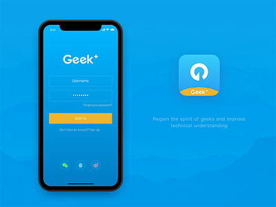 Geek+ App Login page blue in ios login sign x yellow