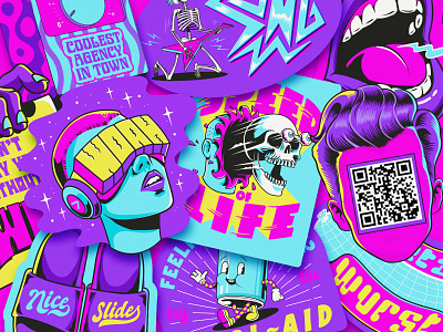 Work Slogan Sticker Pack design drawing graphic design icon illustration illustrator inking rickroll skeleton skull stickers typography virtual reality