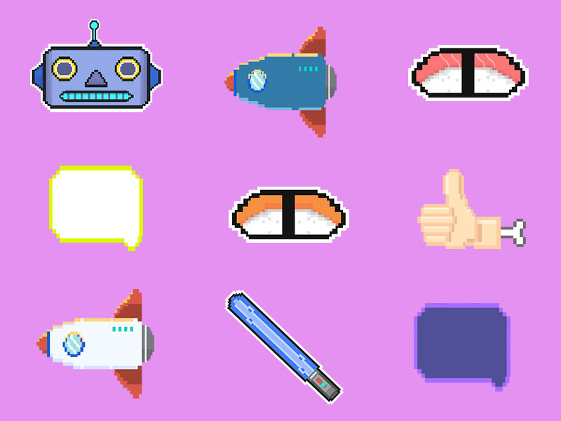 Pixel Icons ux ui icon design emoji iconset speechbubble rocket lightsaber sushi robot photoshop icons pixel 8bit