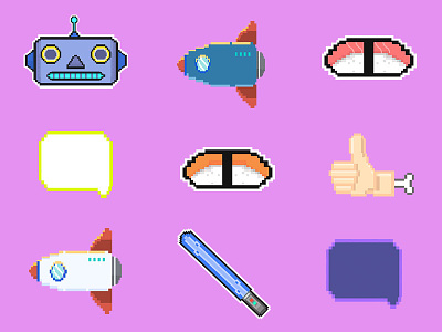 Pixel Icons 8bit design emoji icon icons iconset lightsaber photoshop pixel robot rocket speechbubble sushi ui ux