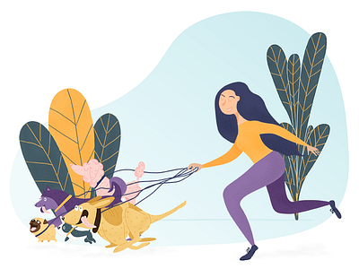 Dog walking character dog girl illustration pet plants walk