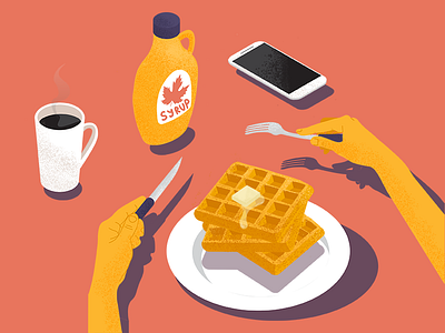 Breakfast belgian breakfast coffee food hand illustration isometric morning phone syrup waffle