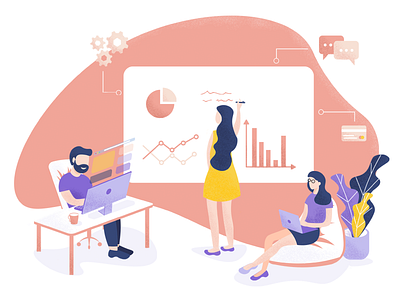 Teamwork analytics character data design illustration isometric office plants team teamwork work