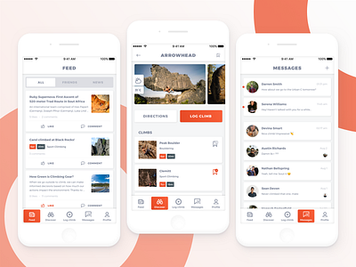 Climbing app climbing climbing app discover explore messages mobile ui news feed orange ui ux